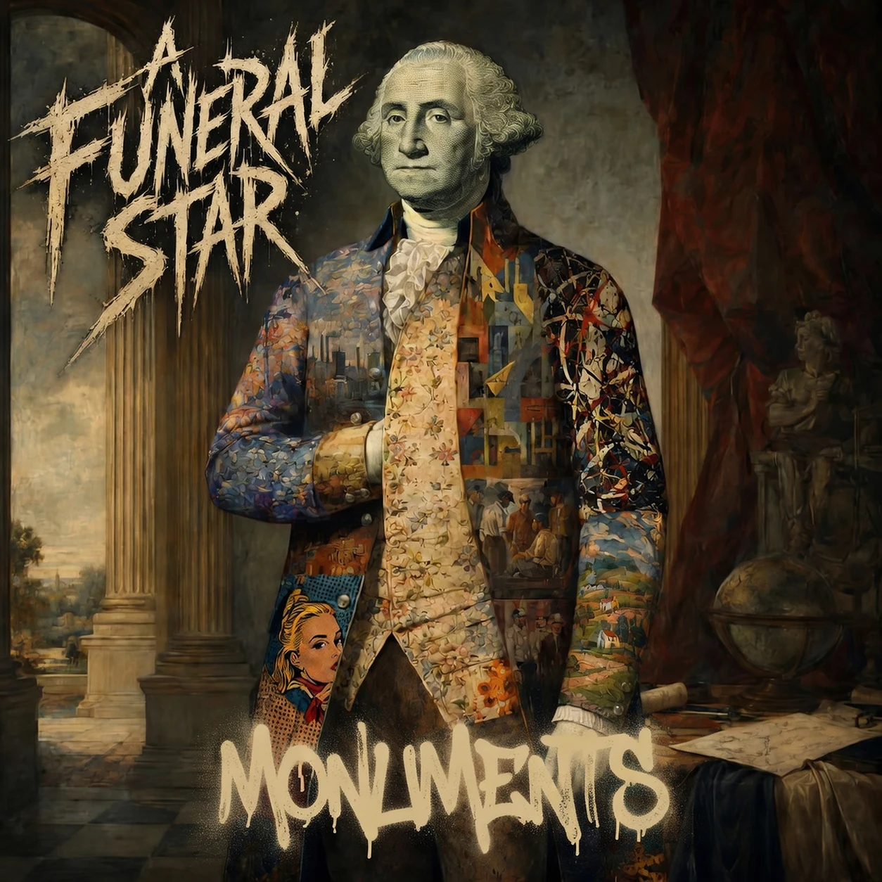 Monuments album art — a statue in an ornate embroidered coat